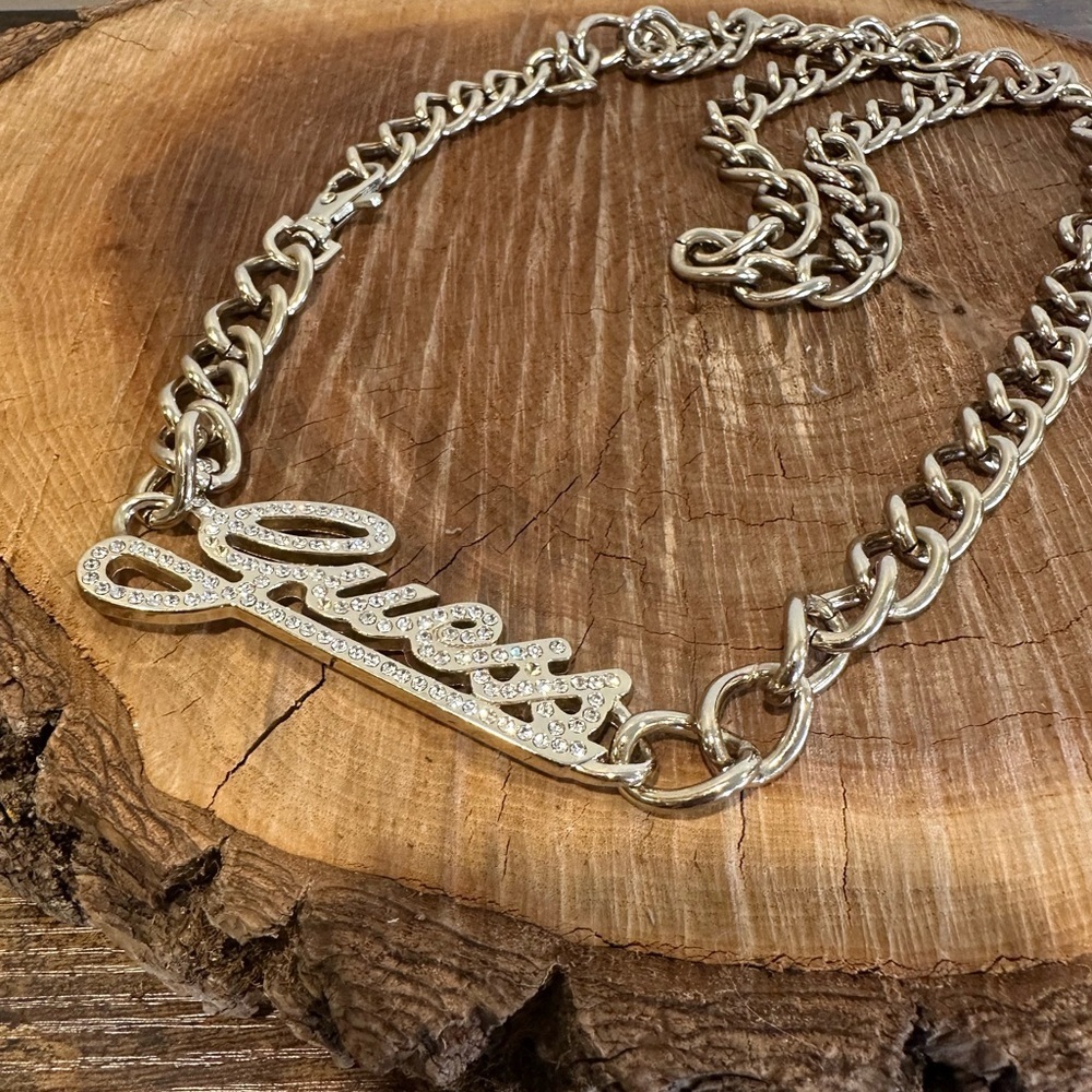 Silver 'Guess' Script Nameplate - Sparkling Gold Chain